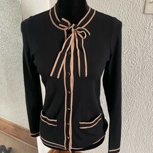 Black Cardigan with Tan Accents & Bow Tie